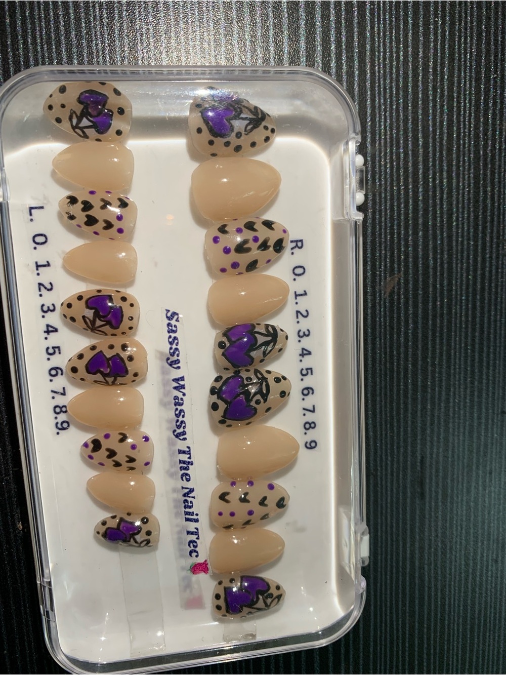 Nude Press-On Nails with Purple Heart & Leopard Accents